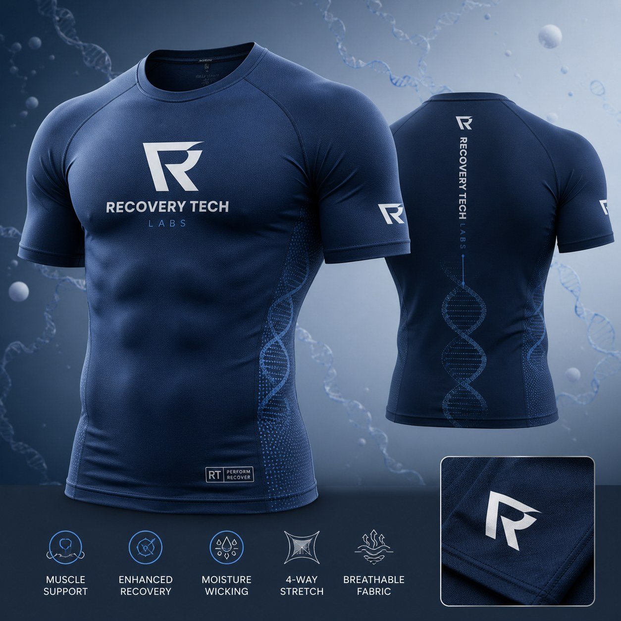 Recovery Tech Labs compression jersey — front and back, with muscle support, enhanced recovery, moisture wicking, 4-way stretch and breathable fabric callouts